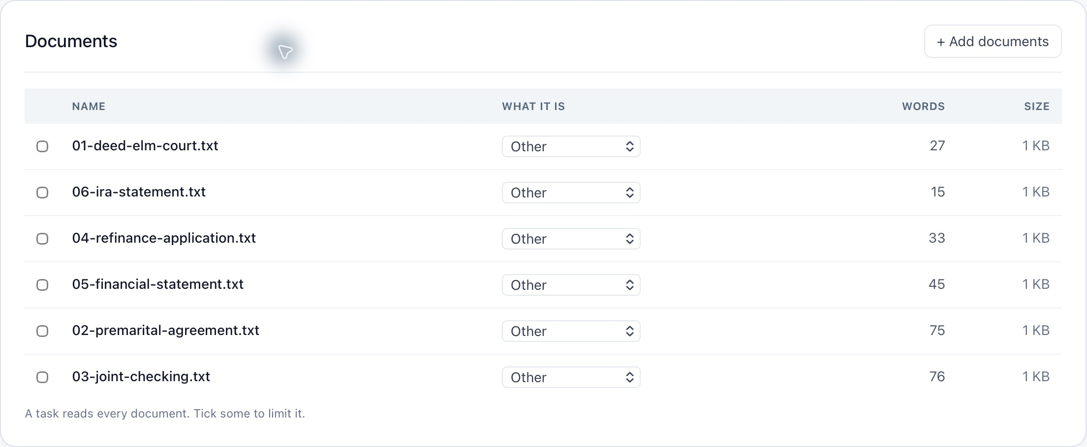 The invented family matter’s documents in the application. This view shows the input file, not a Property map result.